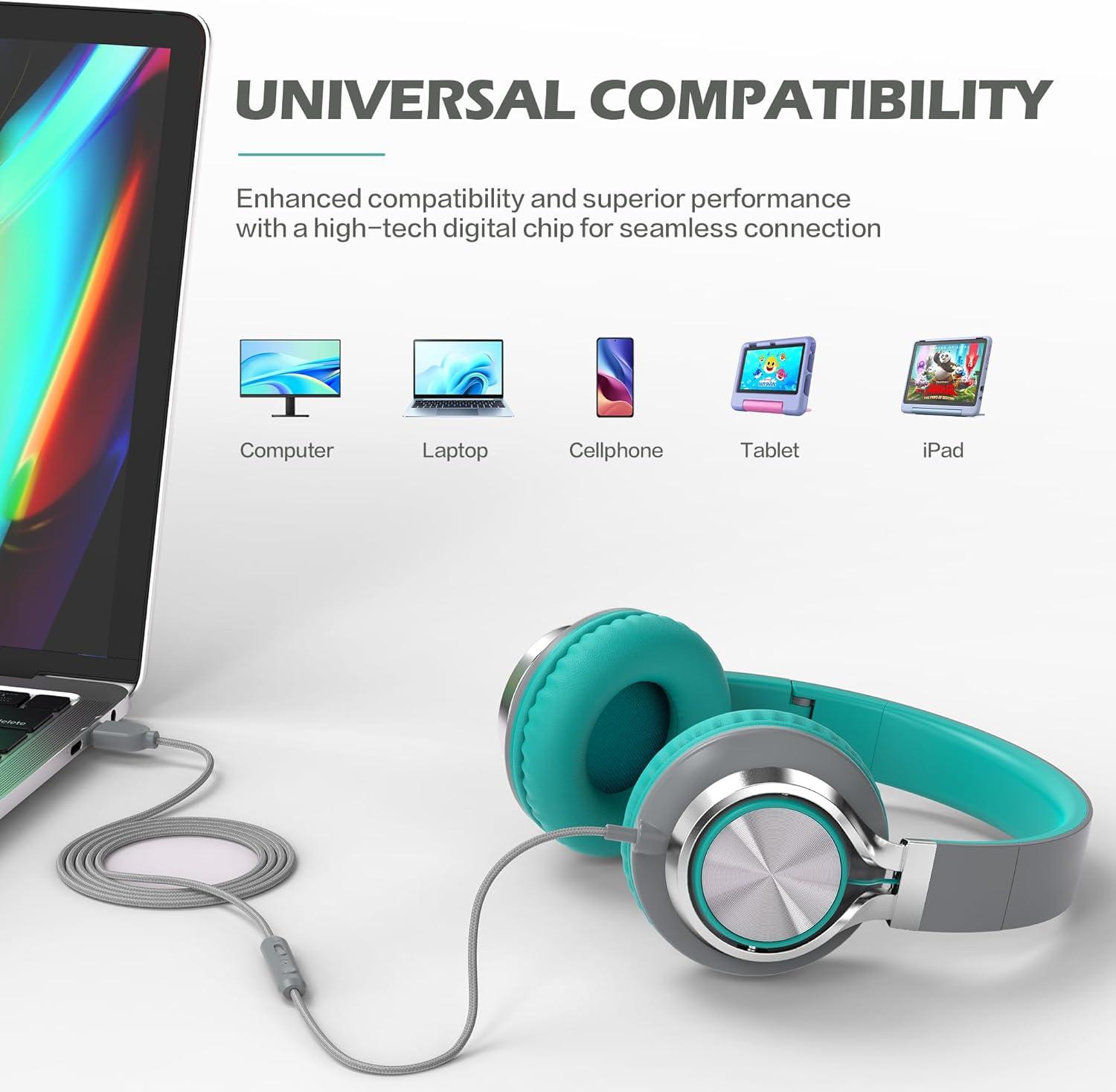 imageAILIHEN C8 Kids Headphones Wired USB C USBC Headphones with Microphone ampamp Volume Control Foldable Stereo Sound TangleFree Type C Cord Compatible with Cellphone Laptop PC Computer Grey MintGrey Mint