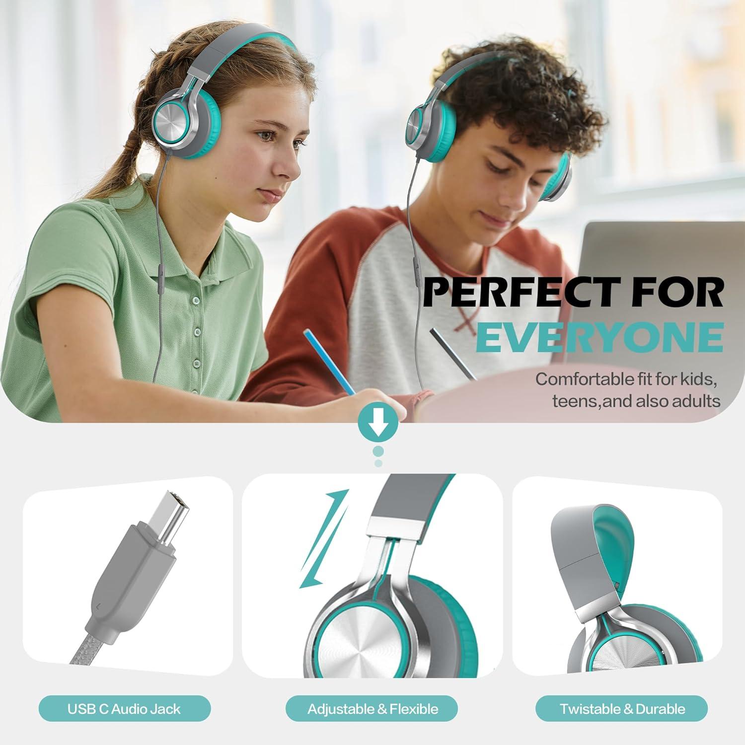 imageAILIHEN C8 Kids Headphones Wired USB C USBC Headphones with Microphone ampamp Volume Control Foldable Stereo Sound TangleFree Type C Cord Compatible with Cellphone Laptop PC Computer Grey MintGrey Mint