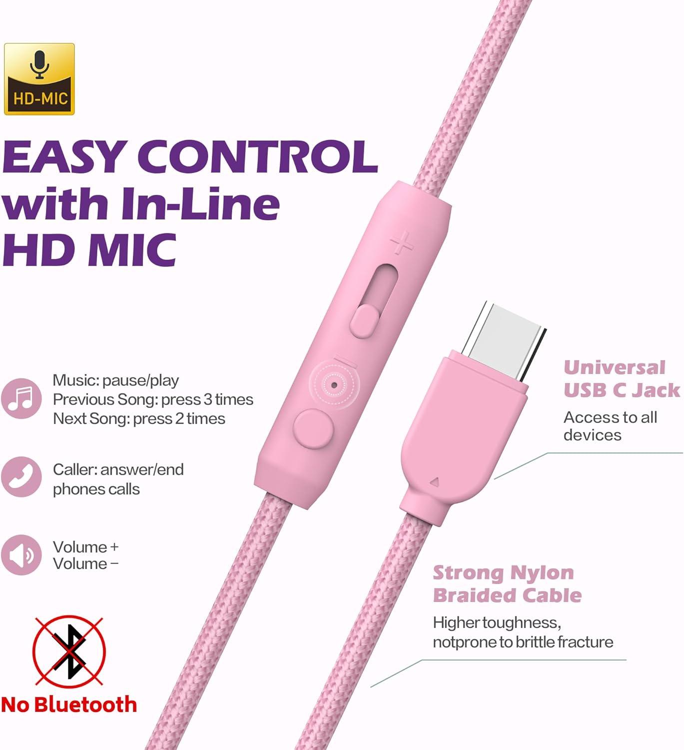 imageAILIHEN C8 USBC Headphones Wired  OnEar Corded Headset with Microphone ampamp Volume Control Foldable Stereo Sound TangleFree Type C Cord Compatible with Cellphone Laptop PC Computer Purple Pink