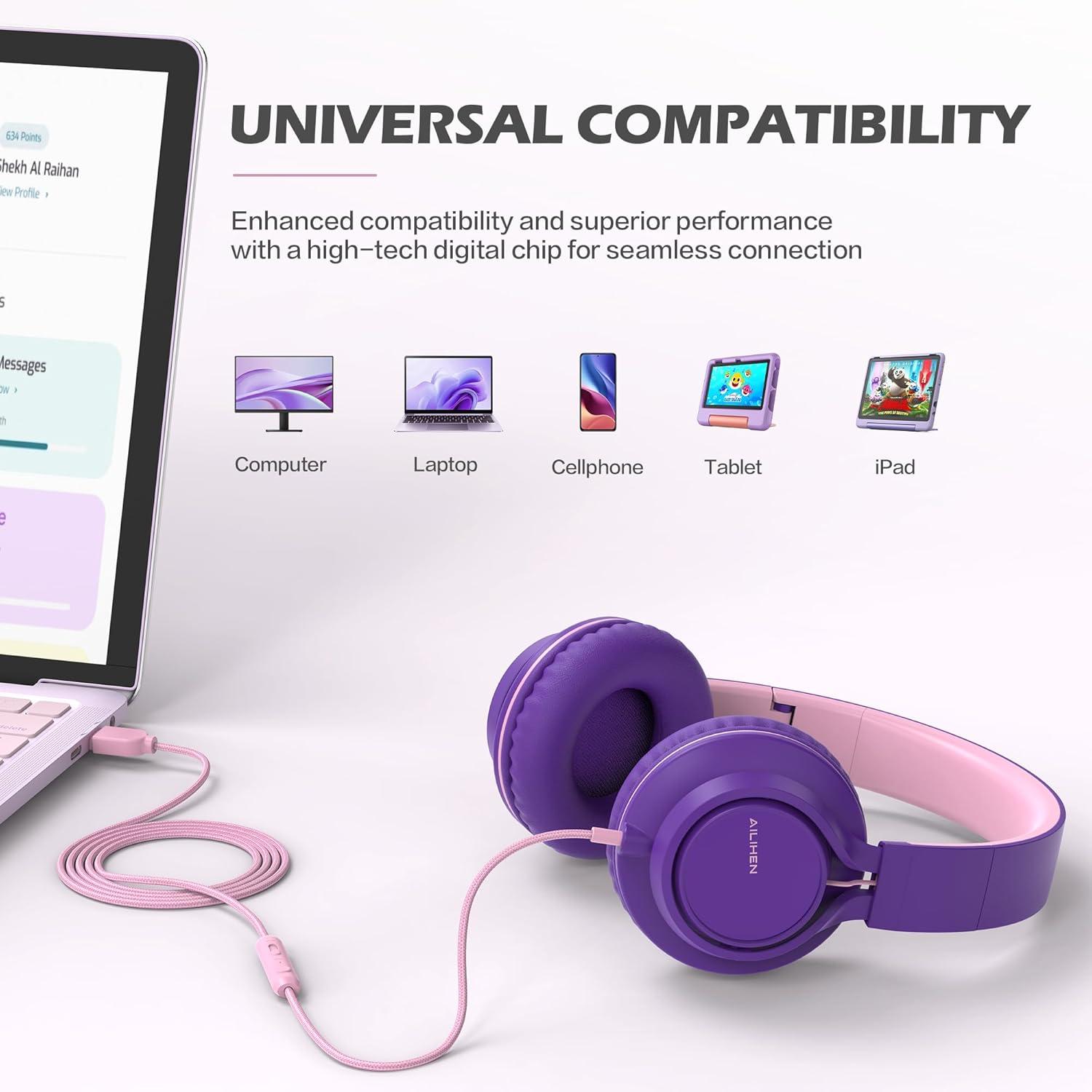 imageAILIHEN C8 USBC Headphones Wired  OnEar Corded Headset with Microphone ampamp Volume Control Foldable Stereo Sound TangleFree Type C Cord Compatible with Cellphone Laptop PC Computer Purple Pink