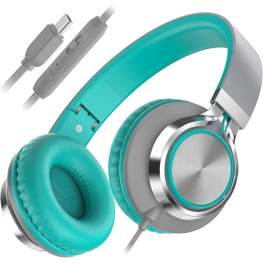 imageAILIHEN C8 Kids Headphones Wired USB C USBC Headphones with Microphone ampamp Volume Control Foldable Stereo Sound TangleFree Type C Cord Compatible with Cellphone Laptop PC Computer Grey MintGrey Mint