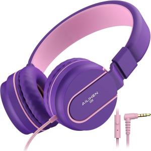 imageAILIHEN Kids Headphones I35 OnEar Headphones for School Safe Volume 93dB HD Mic Stereo Headphone for Kid Girls Boys Foldable 35mm Wired for Chromebook Laptop Computer Tablet BluePink Purple