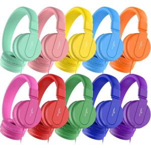 imageClassroom Headphones Bulk 10 Pack  Kids Headphones for School K12 Student 93dB Volume Limited OnEar Wired Headset with Microphone Durable 35mm Jack for Class Set Library Computer Mixed Color