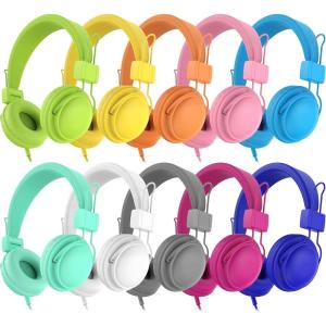 imageAILIHEN Kids Headphones Wired Bulk 5Pack for K12th Grade School amp Classroom with Microphone 85dB Volume Limit Shareable Foldable 35mm Jack for Chromebook Computer  Light ColorMulticolor 10