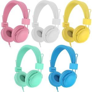 imageAILIHEN Kids Headphones Wired Bulk 5Pack for K12th Grade School amp Classroom with Microphone 85dB Volume Limit Shareable Foldable 35mm Jack for Chromebook Computer  Light ColorLight Color